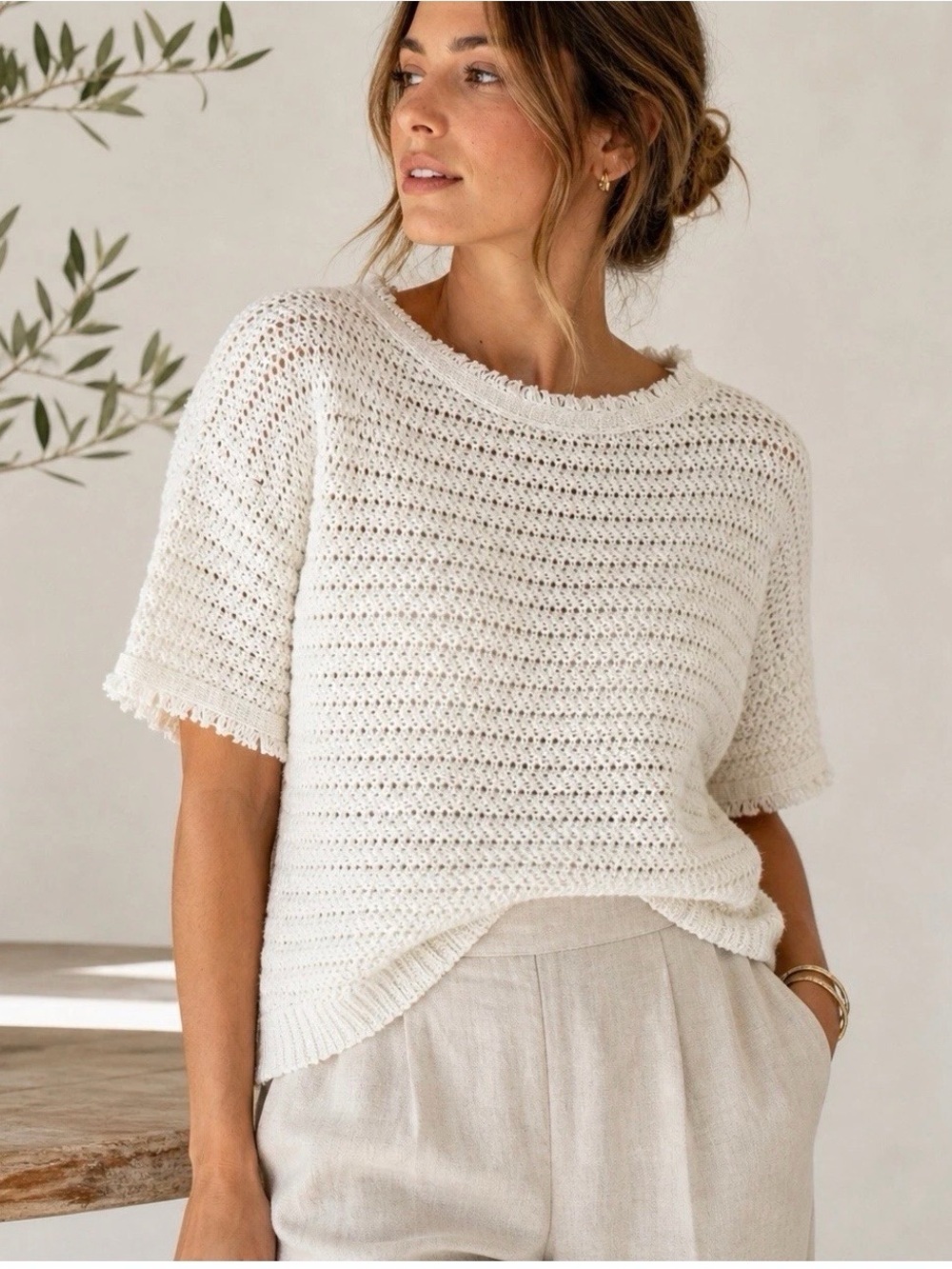 Brochu Walker Cream Open Crochet Short Sleeve Top size XS